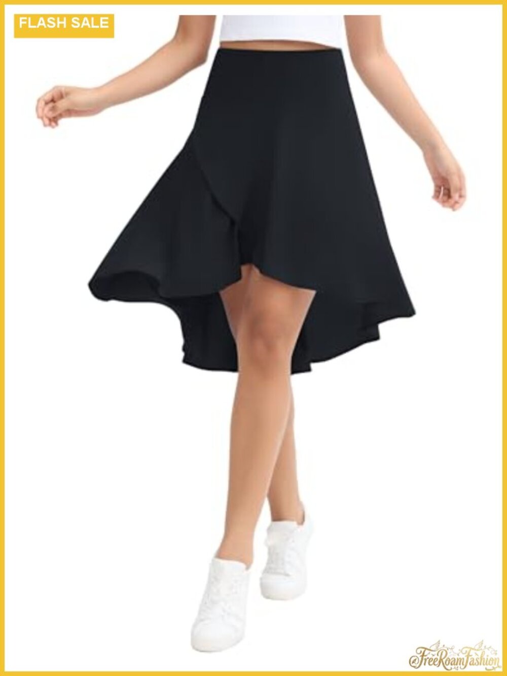 High Waisted Midi Skort Ruffle Hem Built-in Shorts Tummy Control